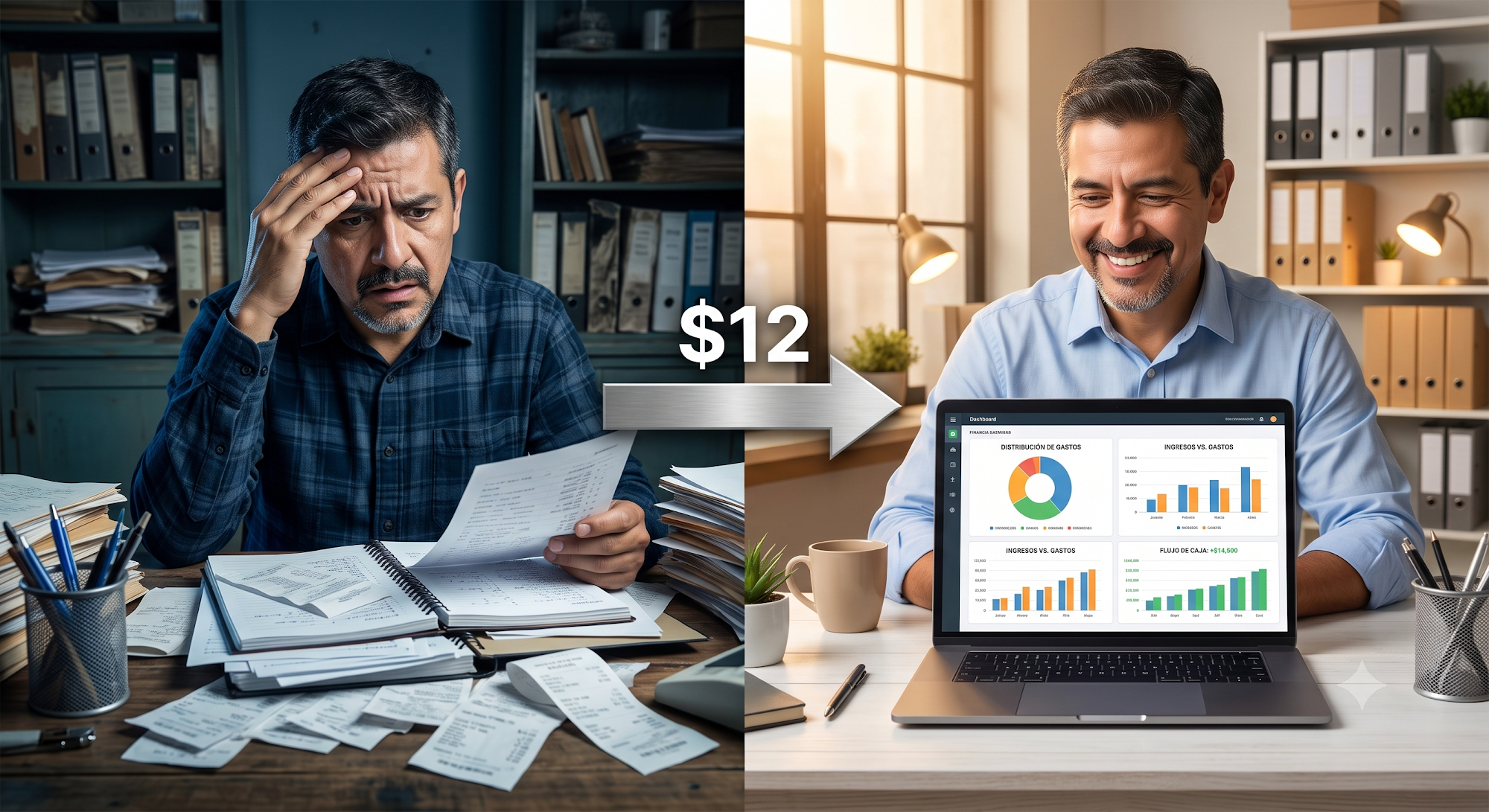 Antes: caos con recibos y papeles. Después: dashboard claro con solo $12