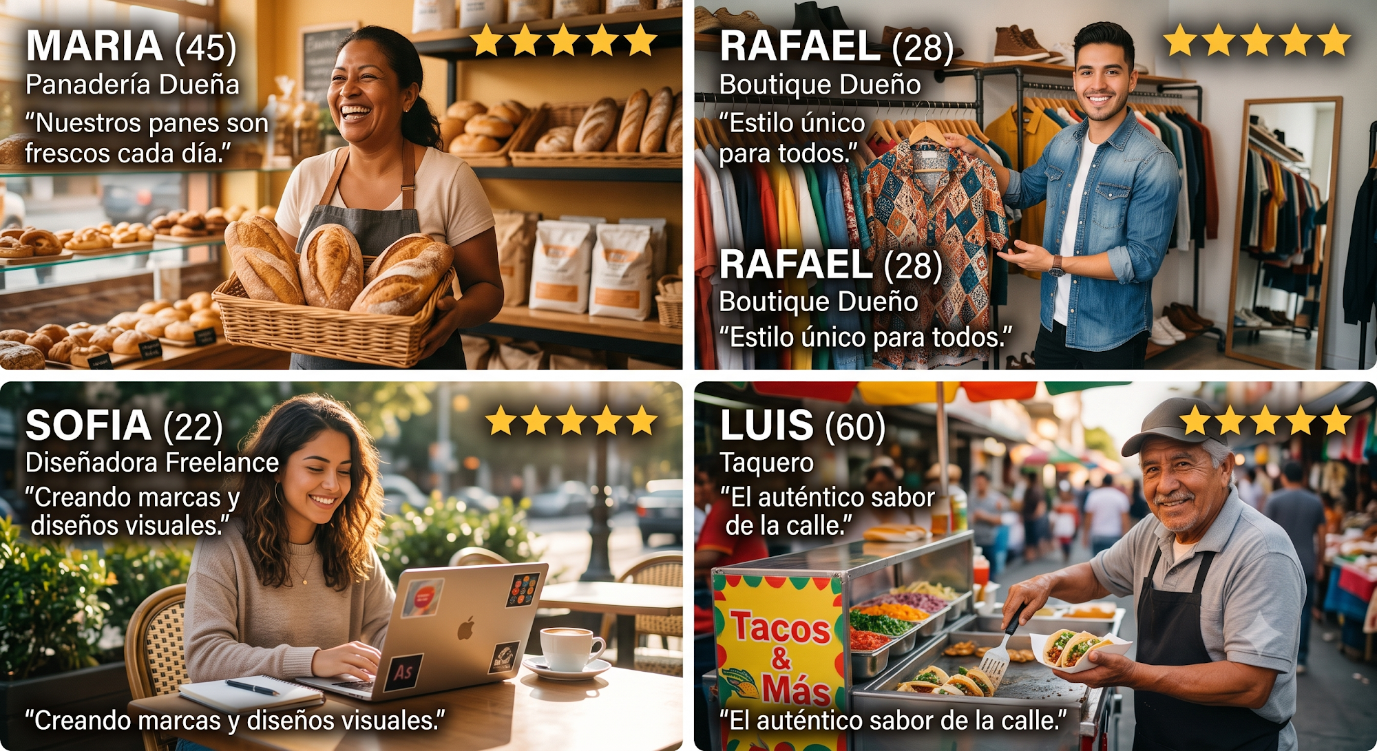 Colección de dueños de negocio reales con sus opiniones