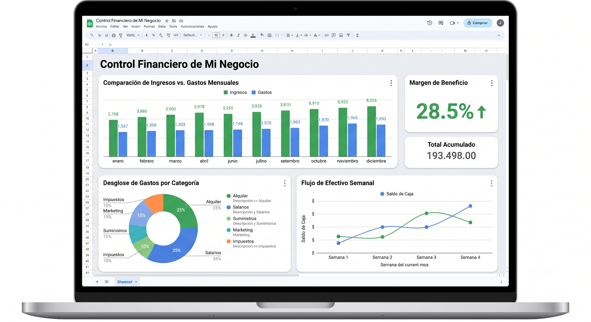 Dashboard de la plantilla mostrando ingresos, gastos, margen y flujo de efectivo