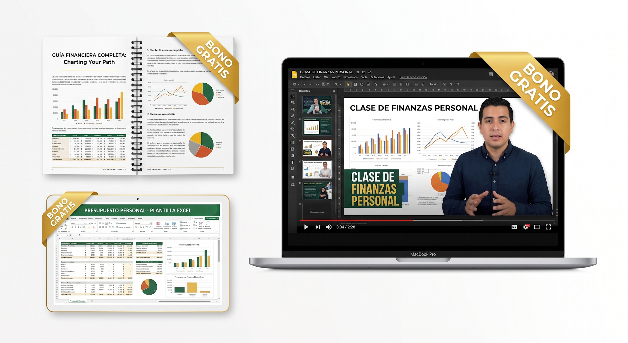 Mockup de los 3 bonos: guía, plantilla y video tutorial